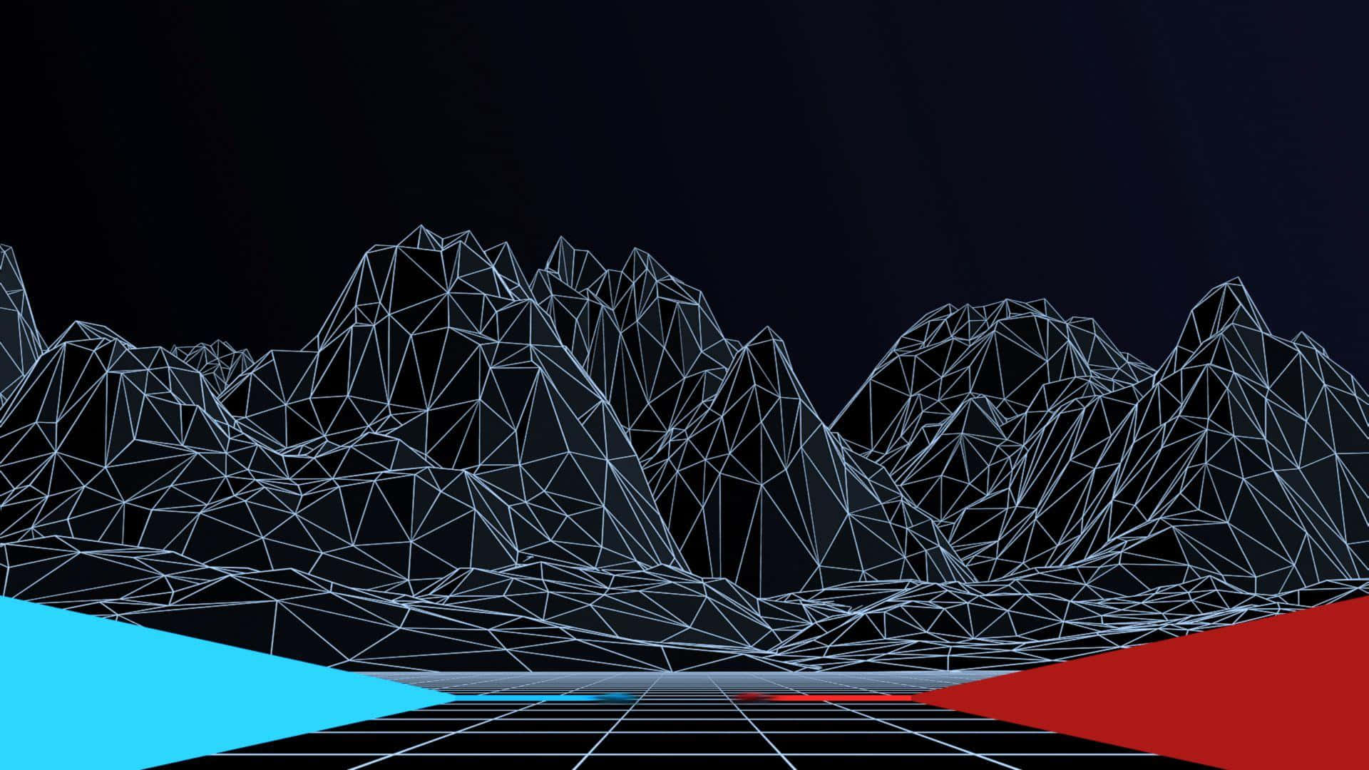 Polygon 桌布 壁紙 — 幾何線框山脈在黑暗天空中發光，前景有鮮豔的藍色和紅色三角形。