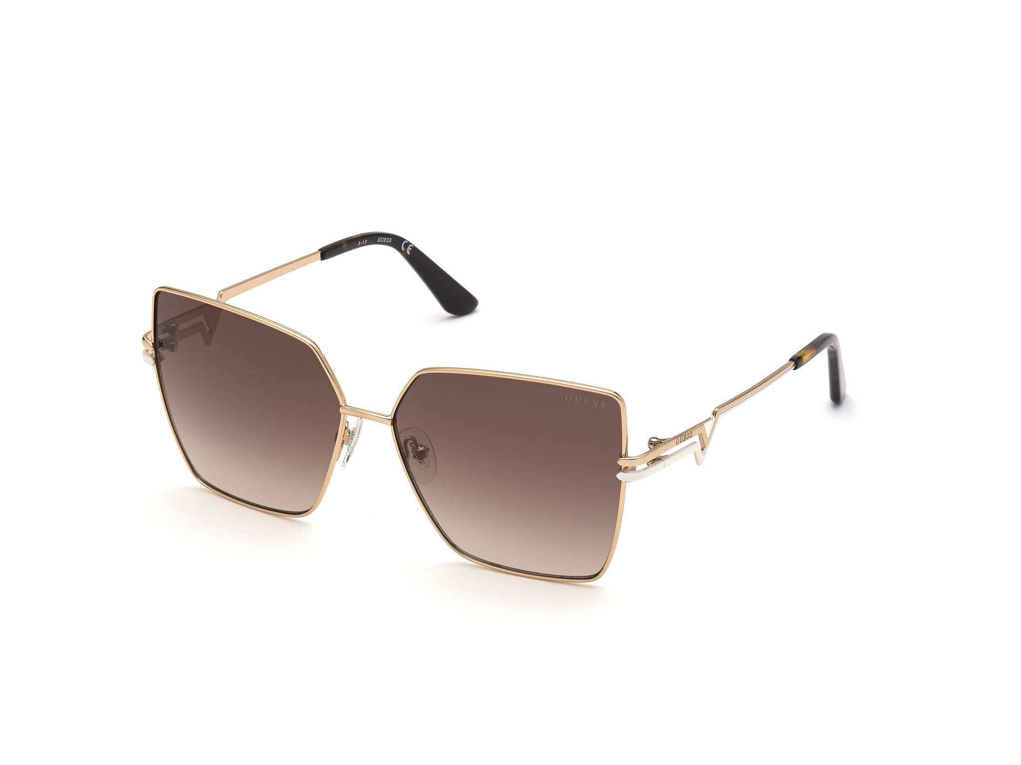Sunglasses 桌布 壁紙 — 幾何金色框太陽眼鏡，漸變棕色鏡片，黑色鏡腿尖端，純白背景。