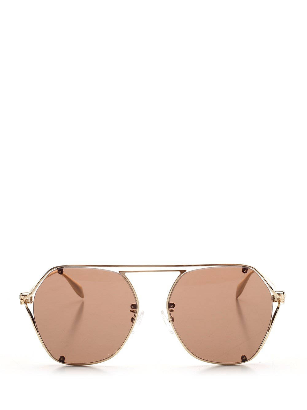 Sunglasses 桌布 壁紙 — 幾何金色框飛行員太陽眼鏡，搭配玫瑰色鏡片，展示在潔白背景上。