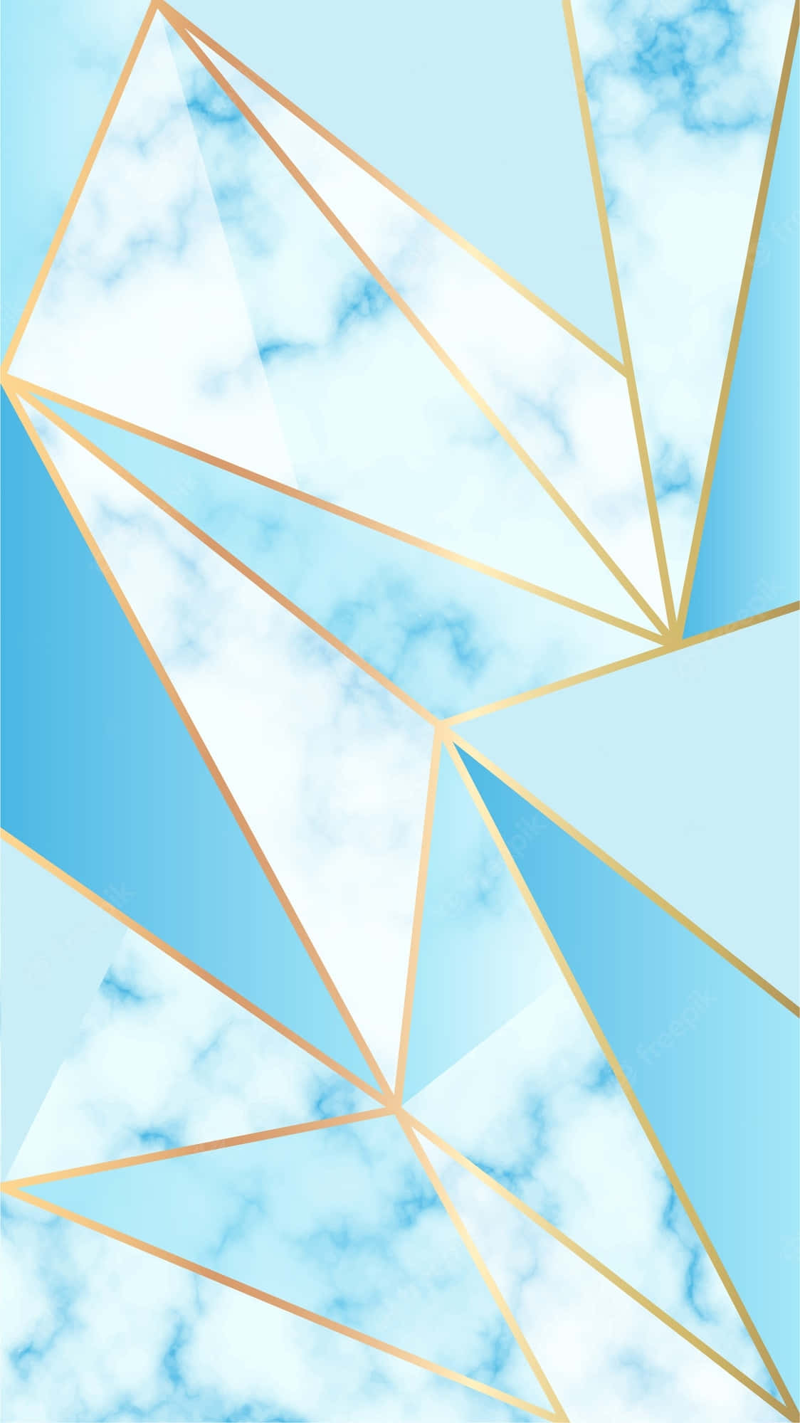 Blue Geometric 桌布 壁紙 — 幾何金色線條在柔和的藍白大理石背景上交錯，營造出現代抽象設計。