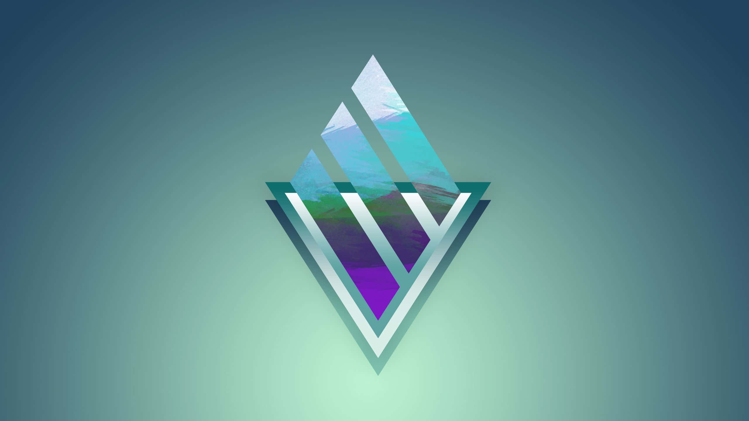 triangle 桌布 壁紙 — 幾何鑽石標誌，帶有分層的山脈和天空圖像，採用青綠色、紫色和白色，背景為青綠色漸變。