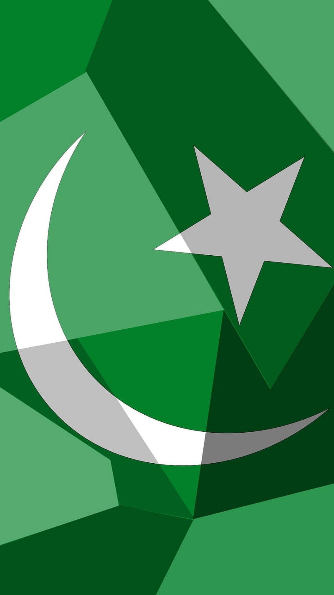 Pakistan 桌布 壁紙 — 幾何風格化的巴基斯坦國旗，帶有綠色漸變和白色新月及星星。