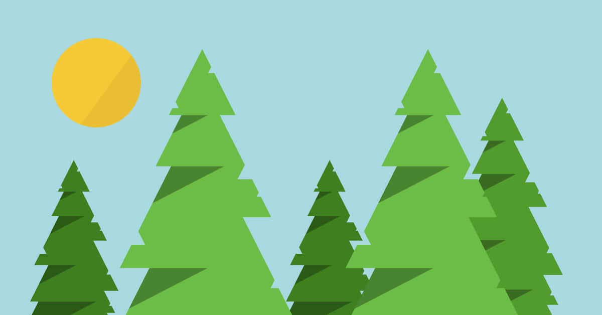 Minimalist Christmas Desktop 桌布 壁紙 — 幾何風格的綠色松樹，淺藍色天空下有一輪黃色太陽，採用平面向量風格。