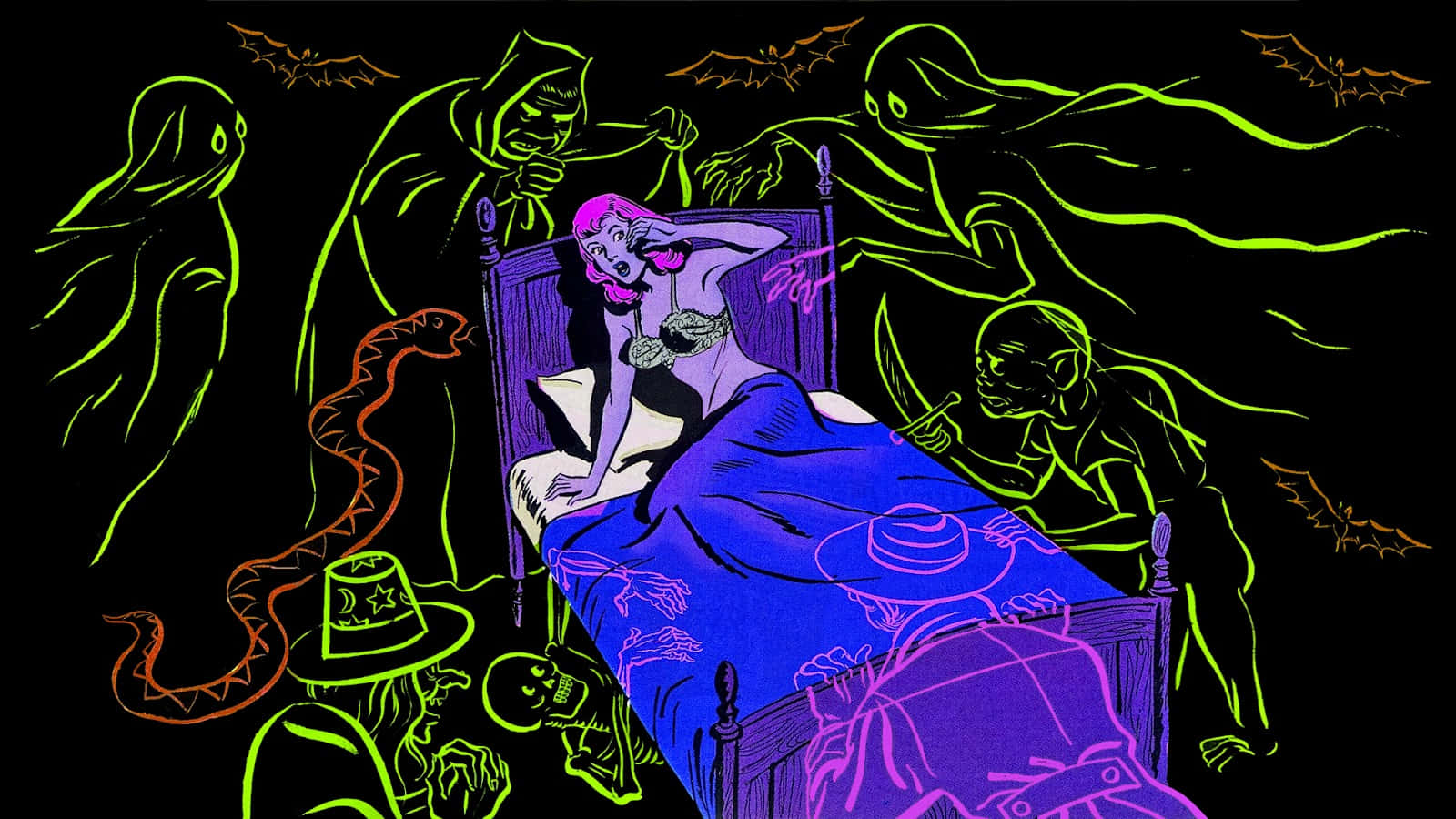 Spooky Art 桌布 壁紙 — 床上的女人被發光綠色鬼魂、蝙蝠和一條紅色蛇包圍的霓虹恐怖插圖。