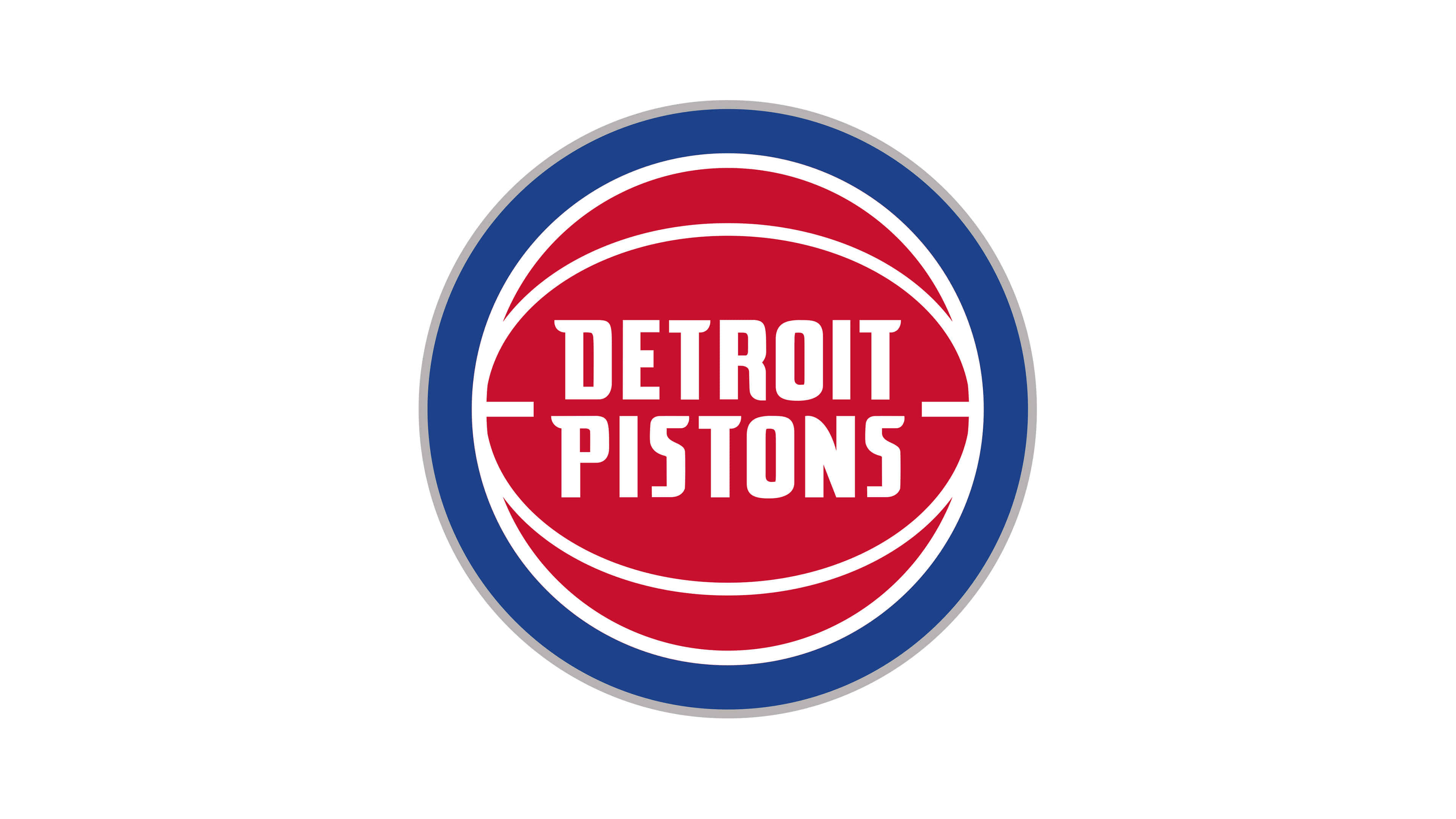 detroit 桌布 壁紙 — 底特律活塞隊標誌，在白色背景上，紅色籃球形狀帶有藍色外環，上面有粗體白色文字。