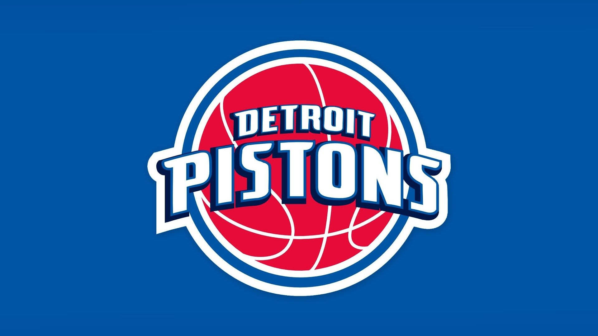 detroit 桌布 壁紙 — 底特律活塞隊標誌，粗體紅色籃球和白色字體居中於純藍色背景上。