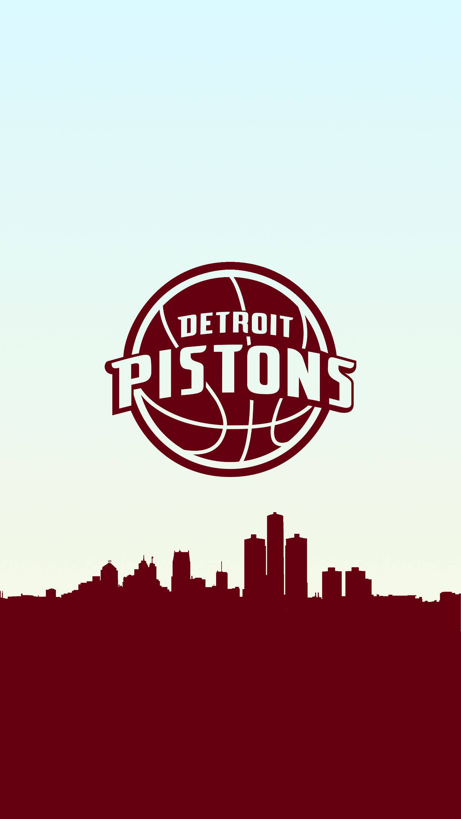 detroit 桌布 壁紙 — 底特律活塞隊標誌居中，位於栗色城市天際線之上，背景為柔和漸變天空。