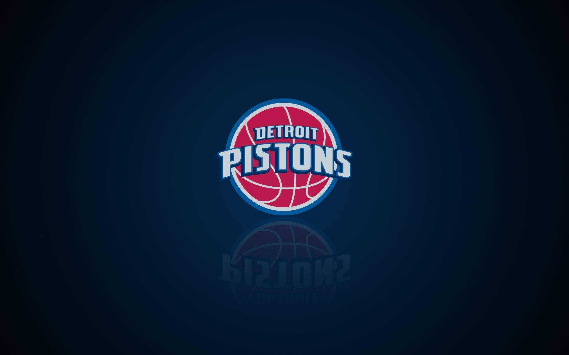 detroit 桌布 壁紙 — 底特律活塞隊標誌居中於深藍色背景上，帶有微妙的徑向漸變和下方的鏡像倒影。