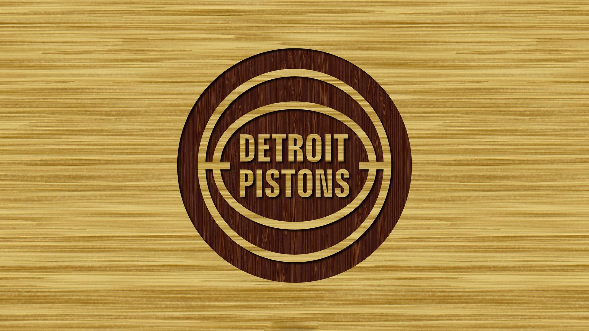 detroit 桌布 壁紙 — 底特律活塞隊標誌雕刻在深色木頭上，淺色木紋背景。