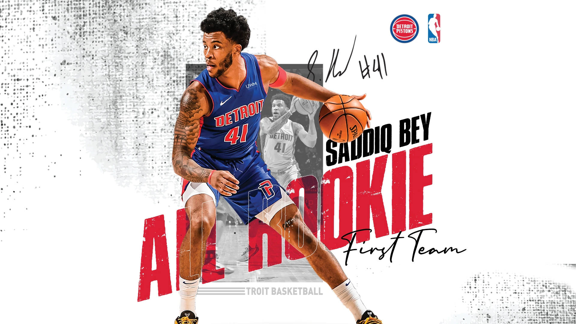 detroit 桌布 壁紙 — 底特律活塞隊籃球運動員Saddiq Bey身穿球衣運球，帶有'All Rookie First Team'文字疊加。