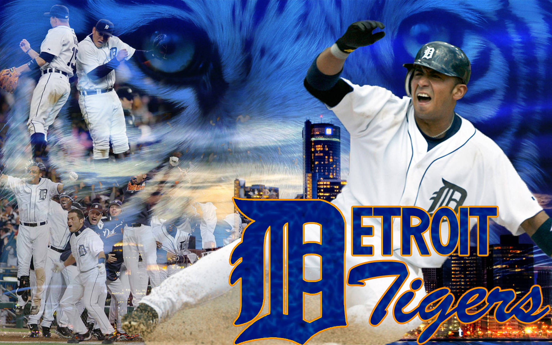 tigers 桌布 壁紙 — 底特律老虎隊的棒球運動員在咆哮的老虎和夜間城市天際線的背景下勝利慶祝。