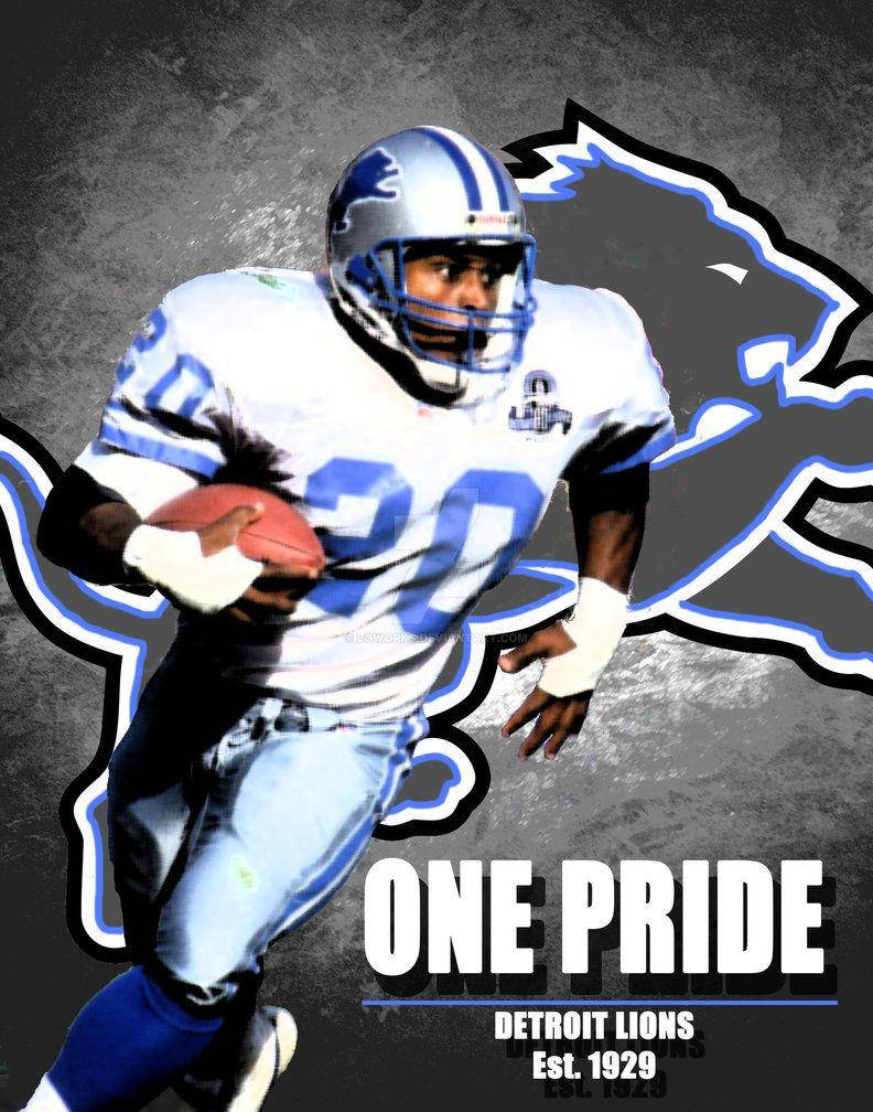 Barry Sanders 桌布 壁紙 — 底特律雄獅隊身穿白色和藍色球衣的足球運動員在灰色背景上奔跑，背景有球隊標誌和「ONE PRIDE」文字。