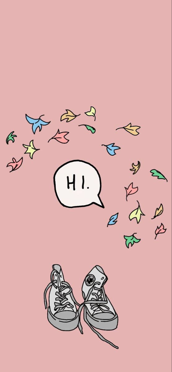 Hi 桌布 壁紙 — 底部有一雙灰色運動鞋，旁邊有一個寫著「H.I.」的對話氣泡，周圍是粉紅色背景上色彩繽紛的落葉。