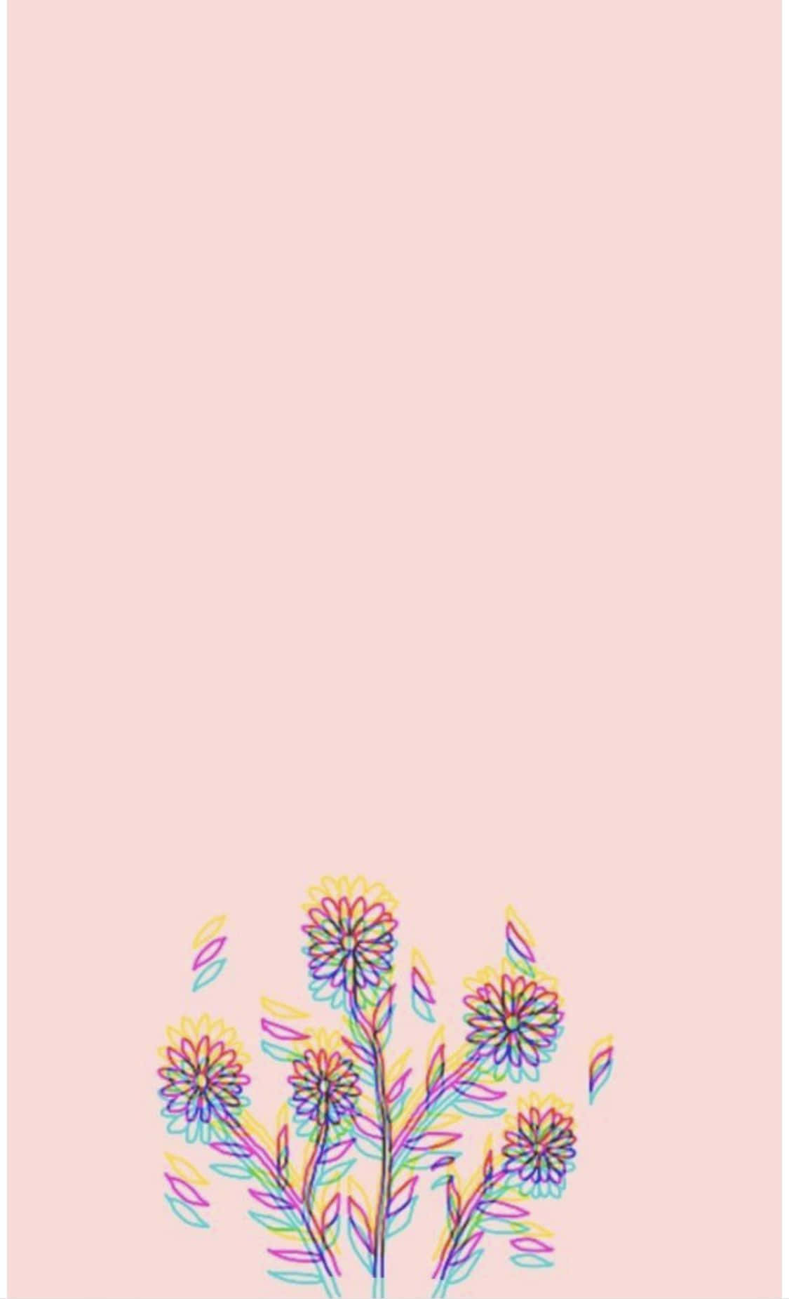 Aesthetic Pastel 桌布 壁紙 — 底部有彩色輪廓花朵和葉子的粉彩粉紅色背景。
