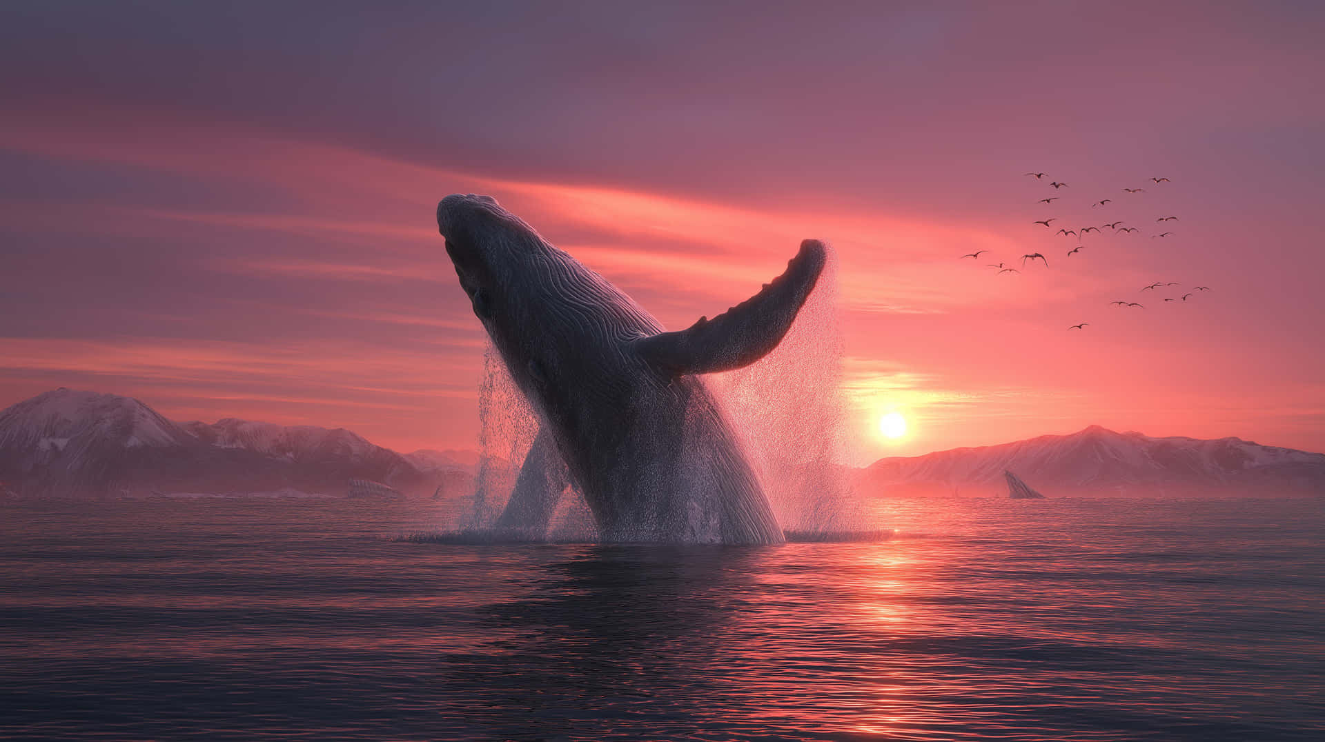 Majestic Whale Breaching at Sunset in Vibrant Ocean 壁紙 — 座頭鯨在日落時戲劇性地躍出水面，在雪山和飛鳥上投下粉紅色的光芒。