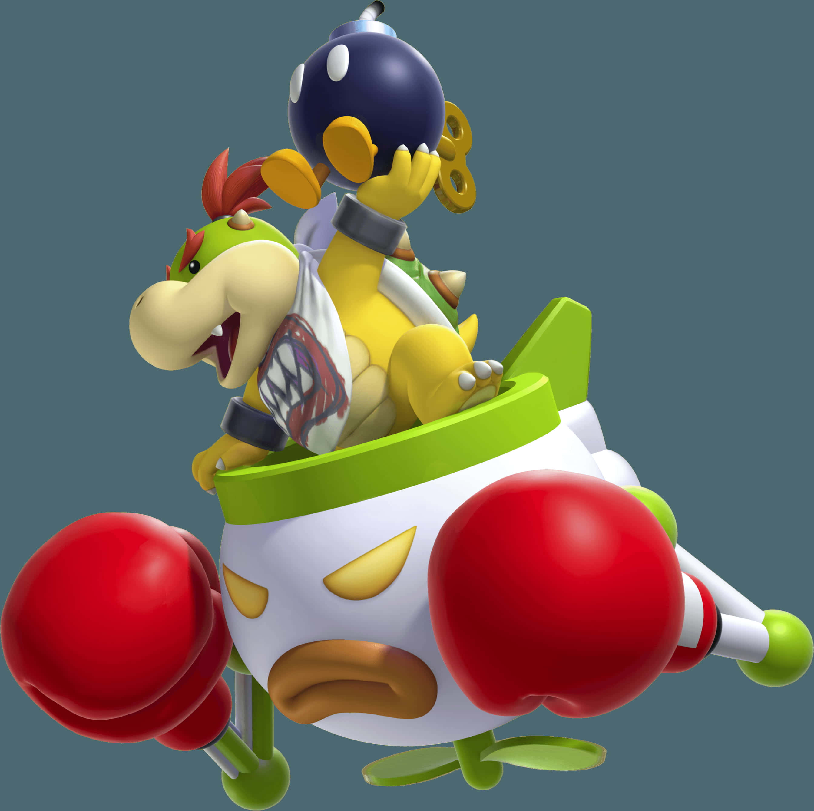 Bowser Jr 桌布 壁紙 — 庫巴二世和一個慢慢龜騎著一個帶有紅色拳擊手套的綠色和白色火箭，背景為灰色。