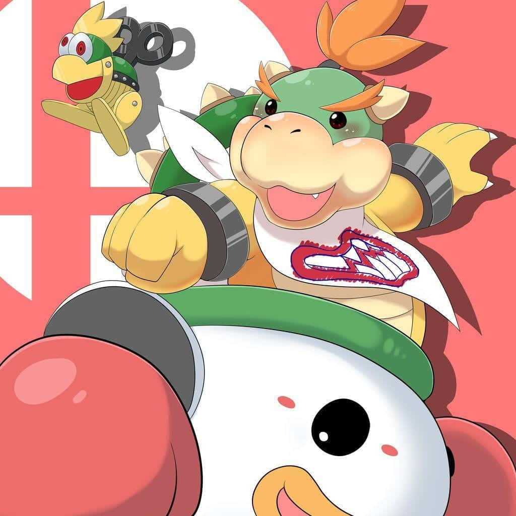 Bowser Jr 桌布 壁紙 — 庫巴二世和一個板栗仔飛行兵愉快地站在一個帶有綠色絲帶的紅白大蛋上擺姿勢。