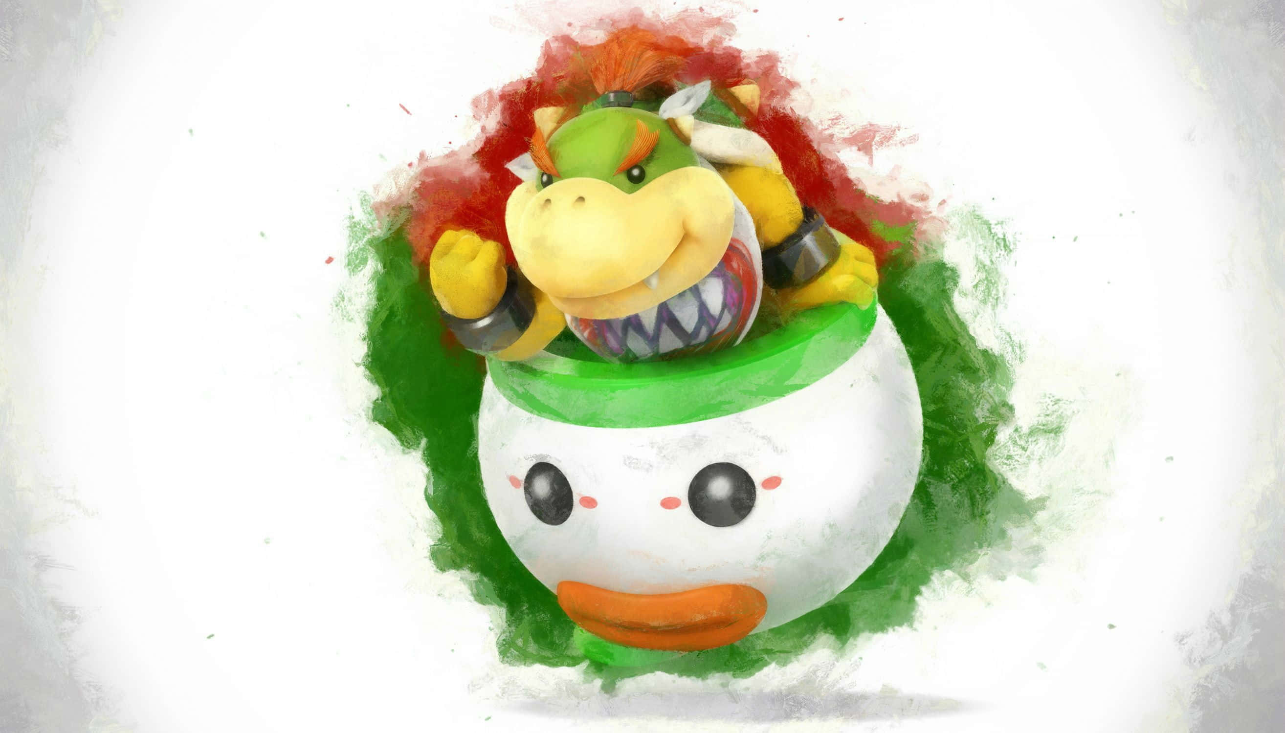 Bowser Jr 桌布 壁紙 — 庫巴二世從一個卡通風格、帶有綠色斑點的白鴨蛋中勝利地出現，露出燦爛的笑容。