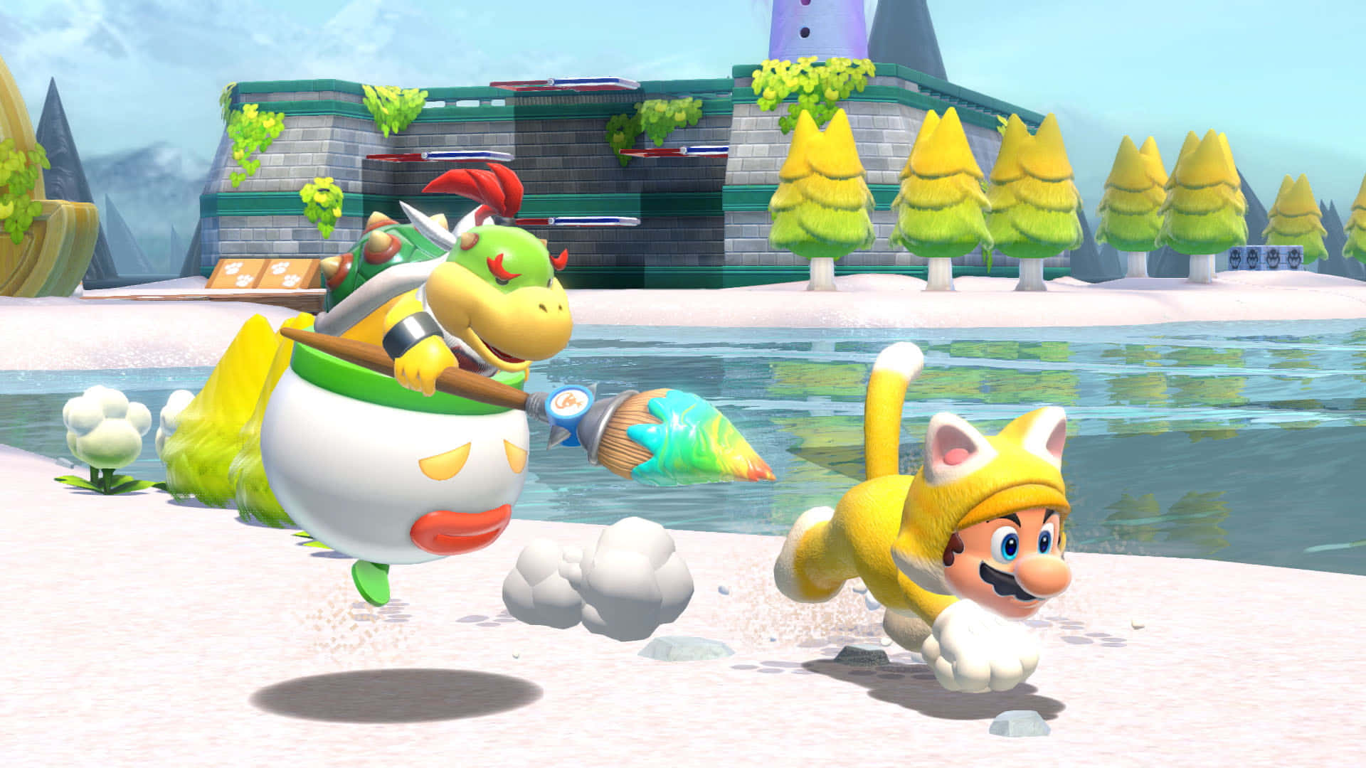 Bowser Jr 桌布 壁紙 — 庫巴在雪球車輛中追逐穿著黃色貓咪裝的馬力歐，穿越雪地景觀，背景有風格化的樹木和城堡。