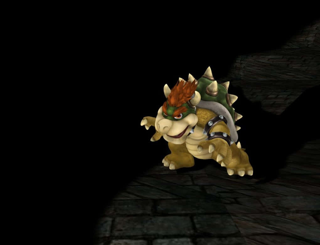 bowser 桌布 壁紙 — 庫巴在黑暗的石頭地牢中威嚇地蹲伏，聚光燈凸顯他帶刺的龜殼和兇猛的笑容。