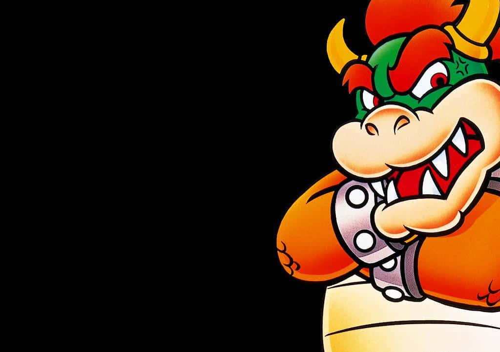 bowser 桌布 壁紙 — 庫巴大王在純黑背景上，以銳利的卡通線條和鮮豔色彩露出威脅性的笑容。