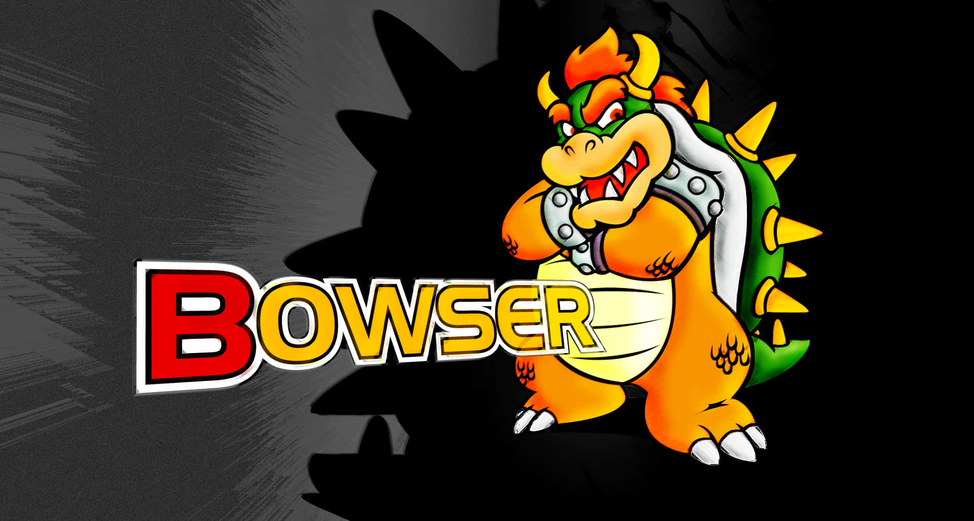 bowser 桌布 壁紙 — 庫巴大王帶著他標誌性的尖刺殼和盔甲，在深色紋理背景前威風凜凜地站立。