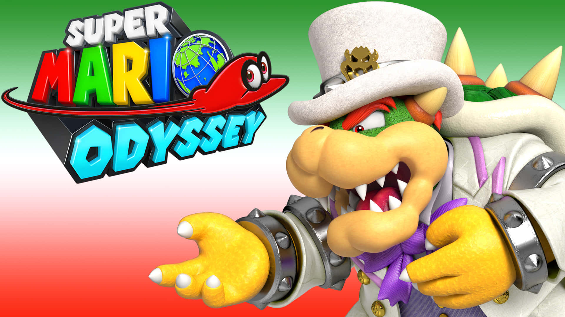 bowser 桌布 壁紙 — 庫巴戴著白色高帽、身穿盔甲，在紅綠漸變背景前，於《超級瑪利歐 奧德賽》標誌旁做出威嚇手勢。