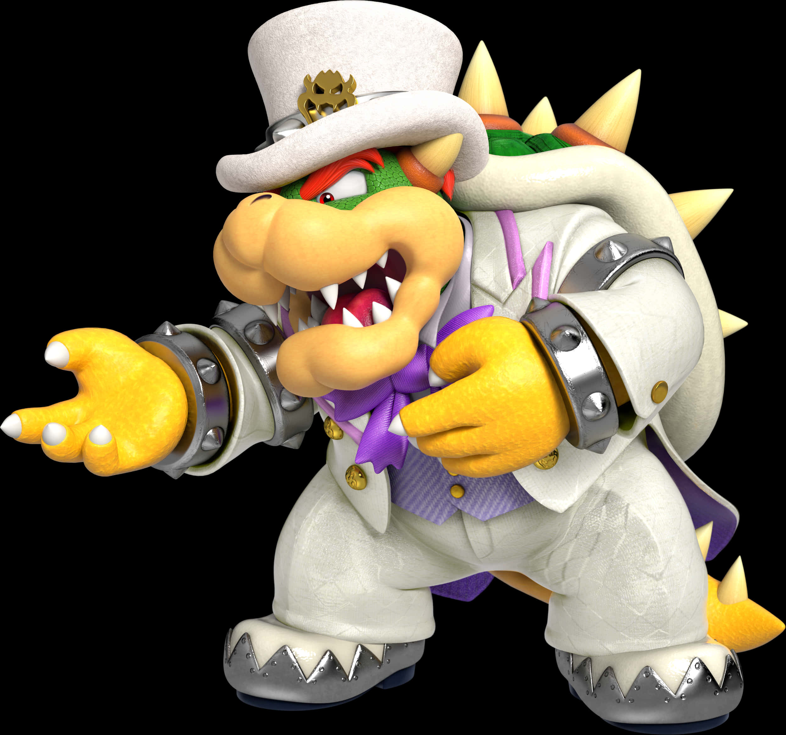 bowser 桌布 壁紙 — 庫巴穿著白色西裝和帶有紫色點綴的高帽，以及帶刺的盔甲，在黑色背景下擺出挑釁姿勢。