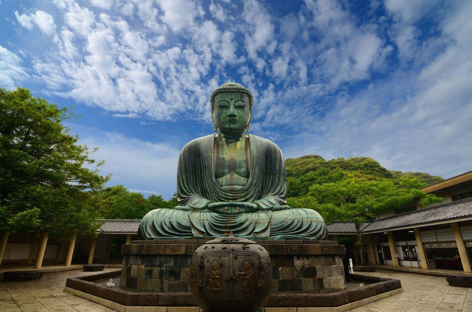 庭院中的大型佛像雕像 壁紙