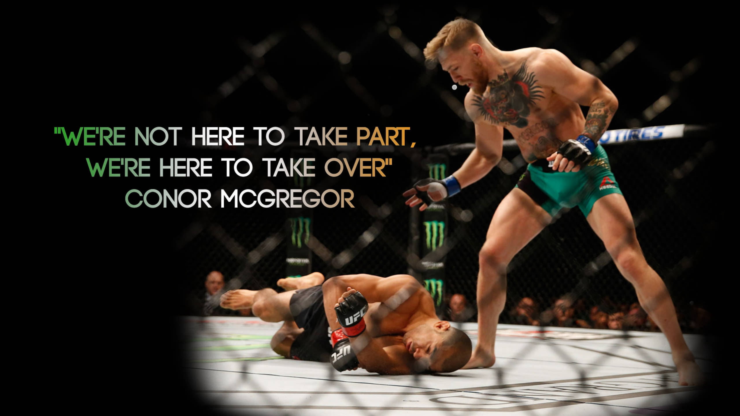 Mcgregor 桌布 壁紙 — 康納·麥格雷戈在UFC八角籠中壓制對手，展現刺青上身和綠色短褲。
