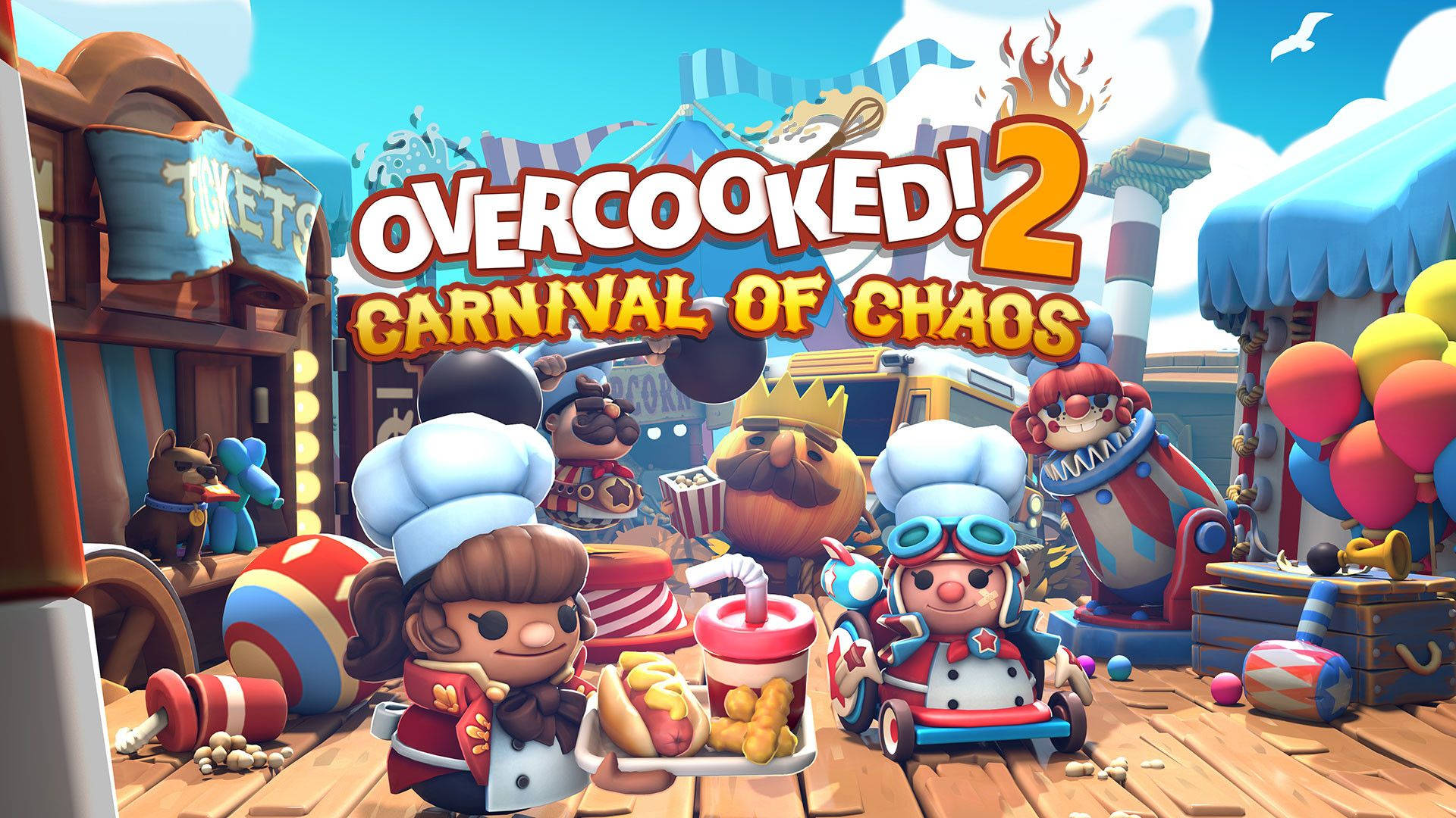 Overcooked 桌布 壁紙 — 廚師在混亂的嘉年華廚房裡，在藍天白雲、氣球和遊樂設施下與食物災難作戰。