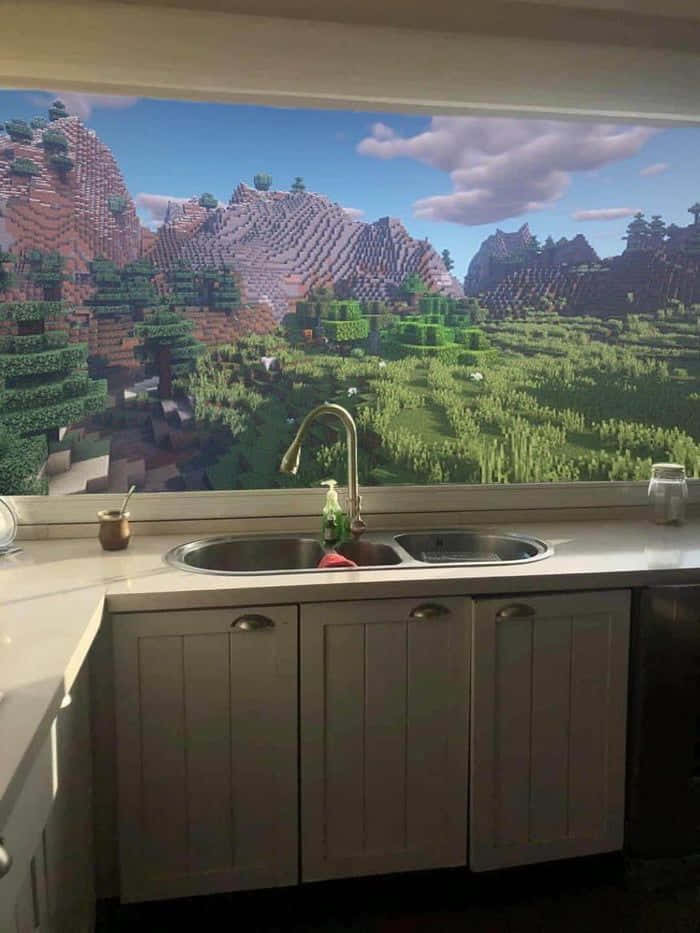 人像動態 桌布 壁紙 — 廚房水槽俯瞰著充滿活力的Minecraft風格方塊景觀，有綠色山丘和鋸齒狀山脈，背景是藍天。