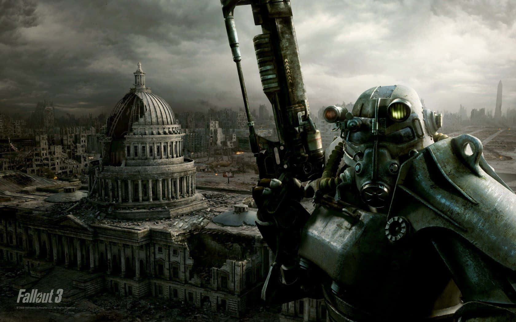 Fallout Enclave 桌布 壁紙 — 廢土倖存者身穿動力裝甲，在暴風雨的天空下，以廢墟中的國會大廈為背景，手持步槍。