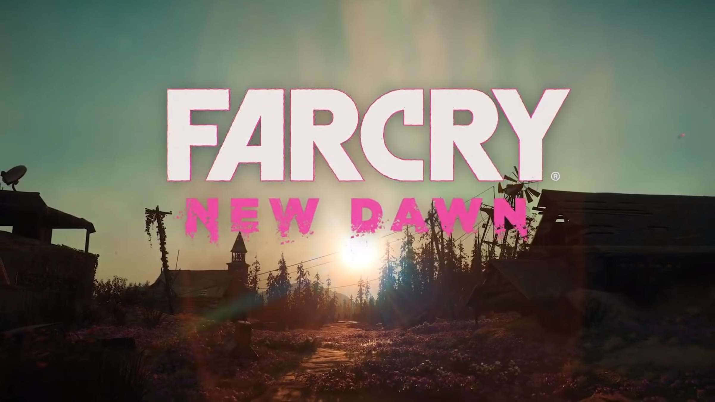 Best Far Cry New Dawn 桌布 壁紙 — 廢墟村莊上日出，'Far Cry New Dawn' 標誌以粉紅和白色發光。