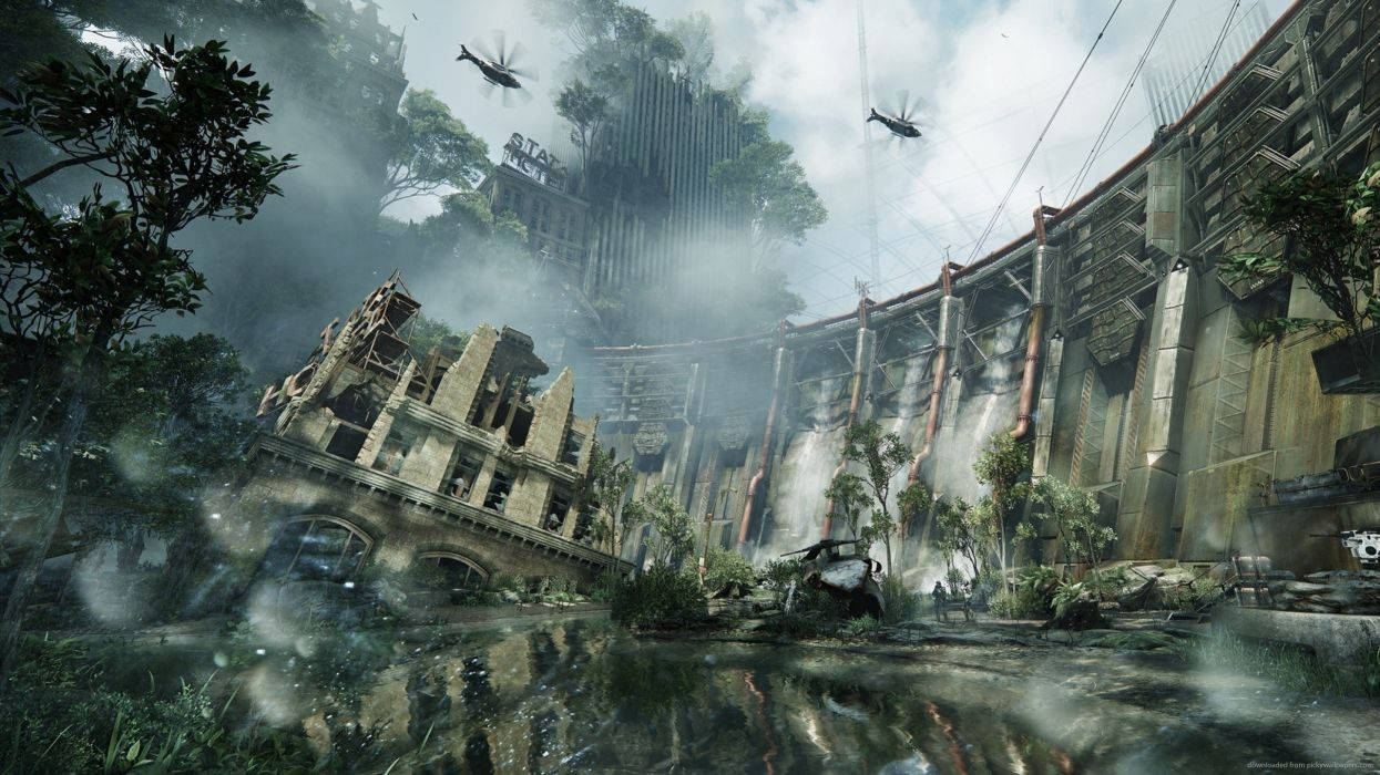 Crysis 3 桌布 壁紙 — 廢墟般的未來城市景觀，叢林藤蔓叢生，瀑布從破碎的摩天大樓中傾瀉而下，天空多雲。