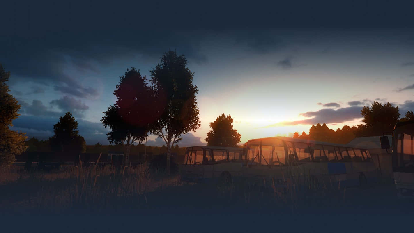 1440p Dayz 桌布 壁紙 — 廢棄巴士在日落時分停在長草中，戲劇性的雲層和溫暖的金色光線穿過樹木。