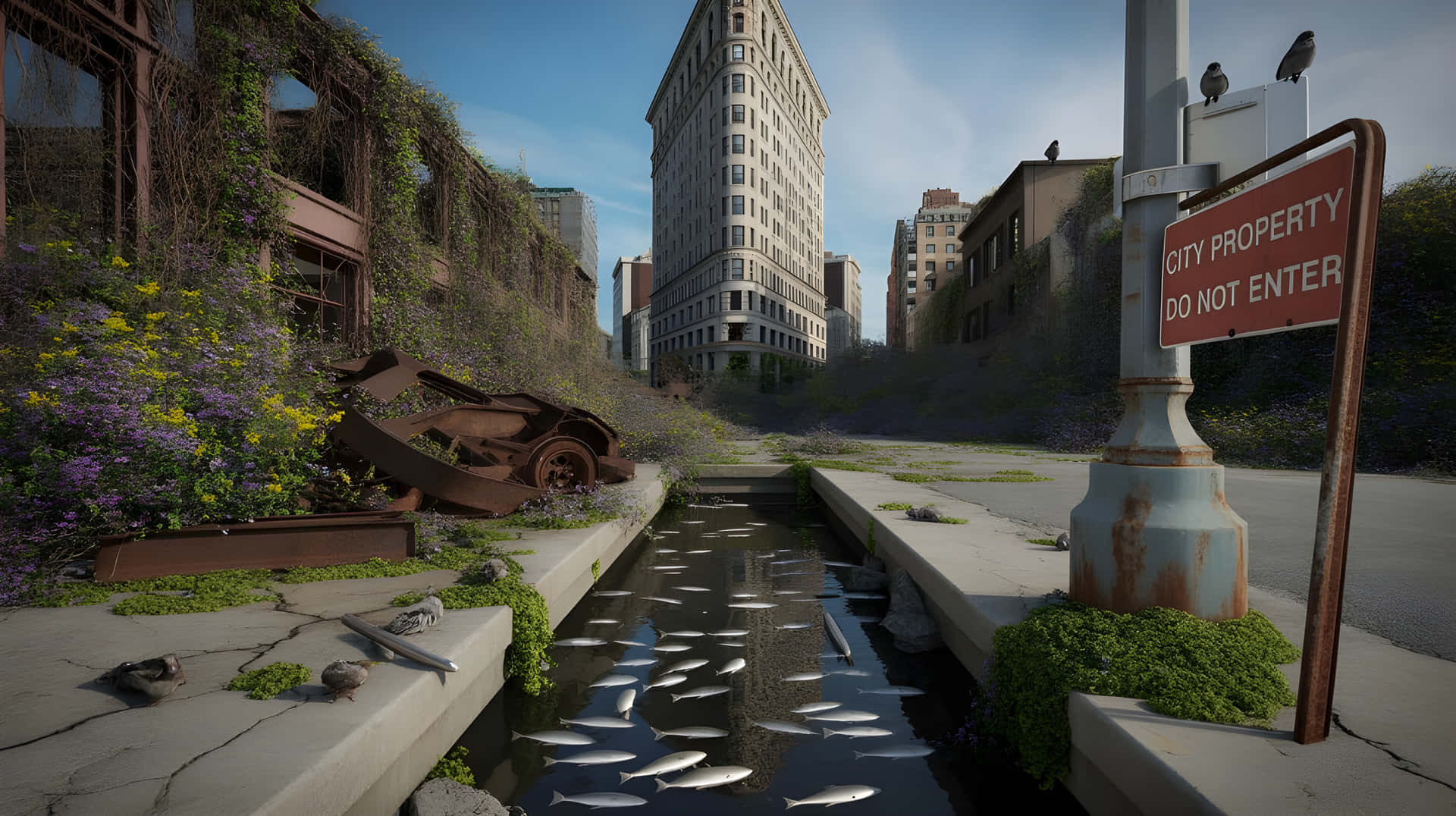 Post Apocalyptic Abandoned New York Street with Fish Pond Wallpaper 壁紙 — 廢棄的城市運河充滿魚類，兩旁是雜草叢生的廢墟和生鏽的「City Property Do Not Enter」標誌。