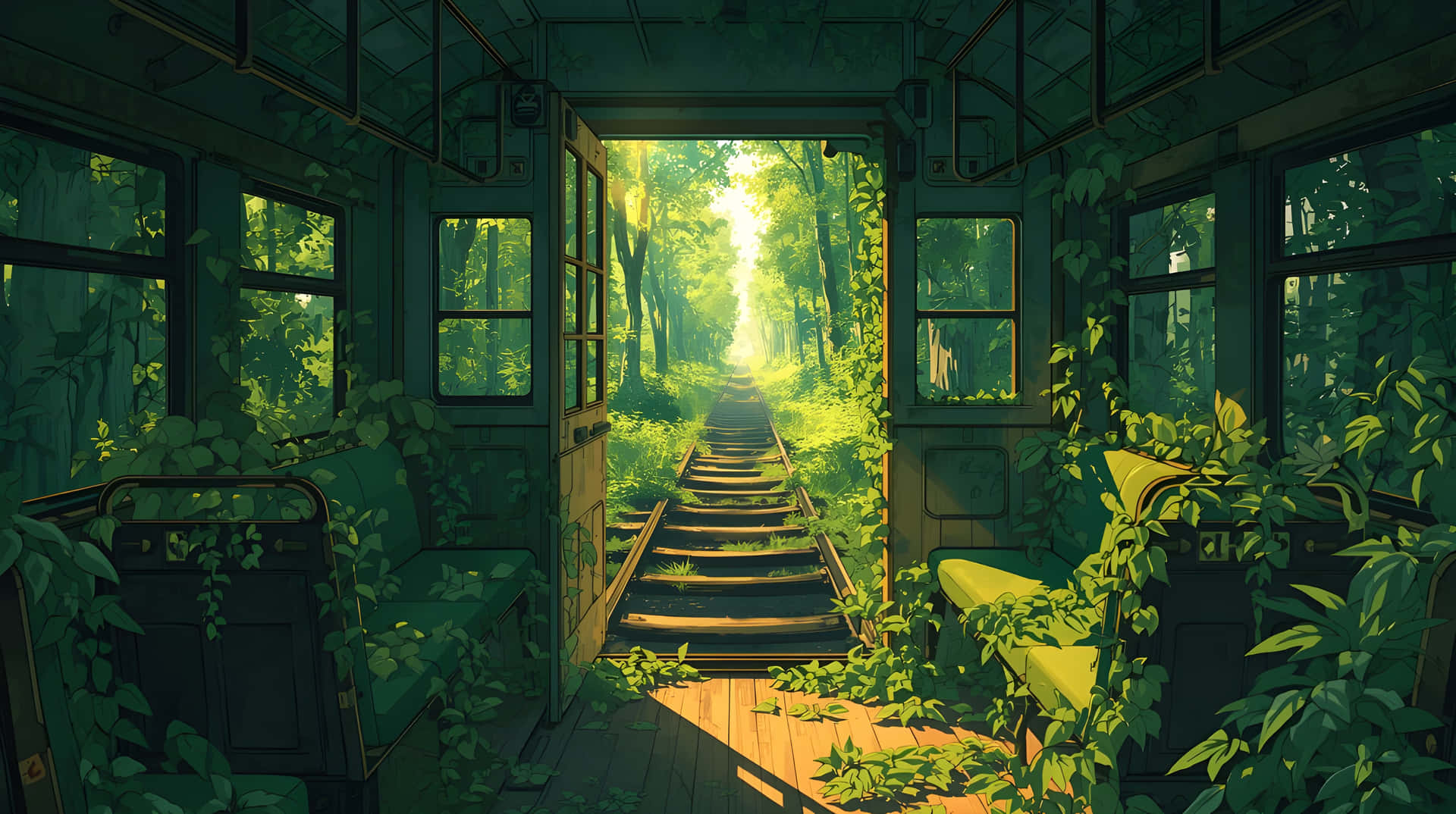 Nature Reclaiming Abandoned Train Interior Wallpaper 壁紙 — 廢棄的火車車廂長滿茂密的綠色藤蔓，敞開的車門展現出一條陽光普照的森林小徑。