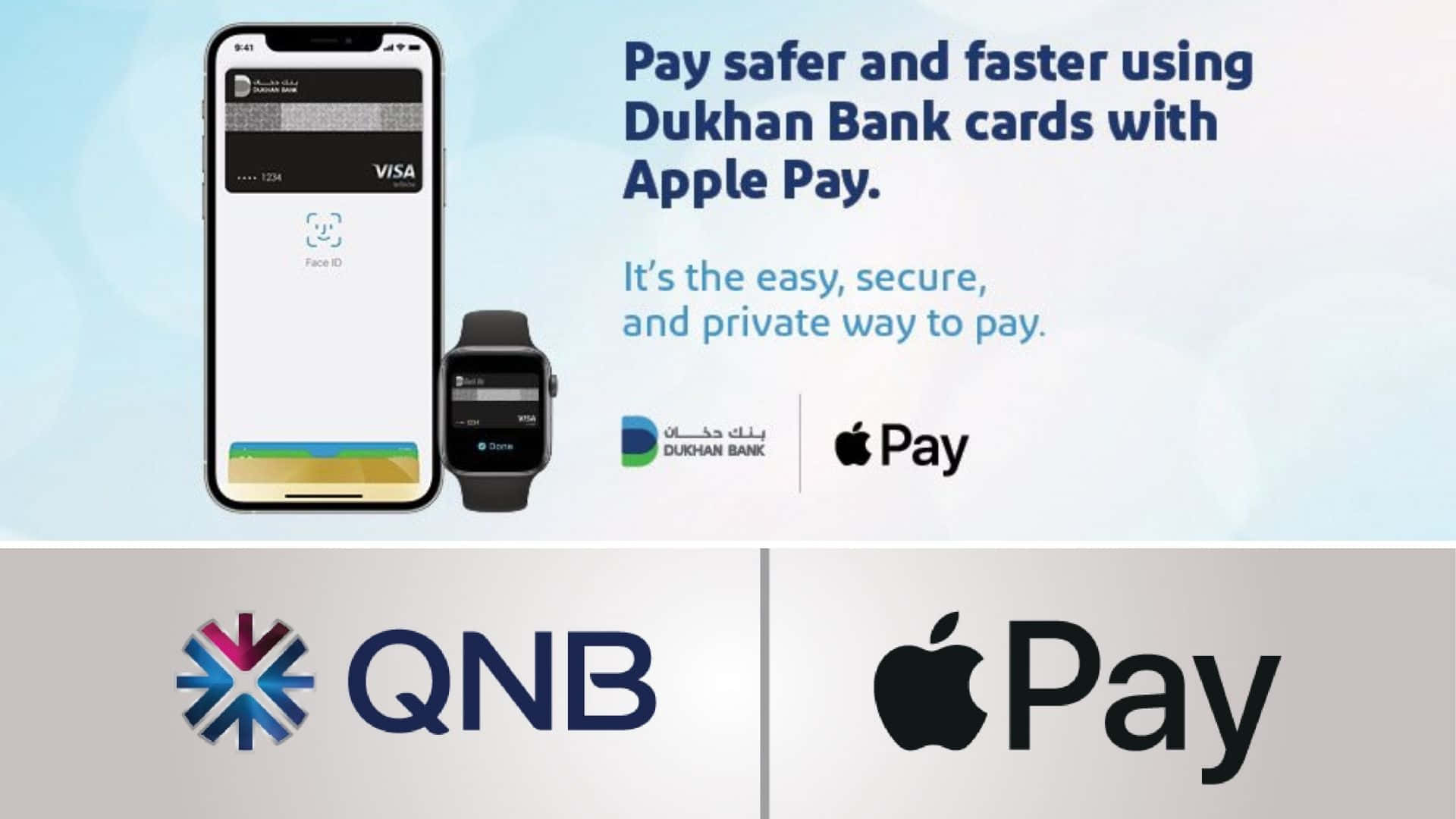 Apple Pay和Dukhan Bank標誌推廣使用iPhone和Apple Watch進行安全的非接觸式付款。 — 智慧手錶 GIF 壁紙