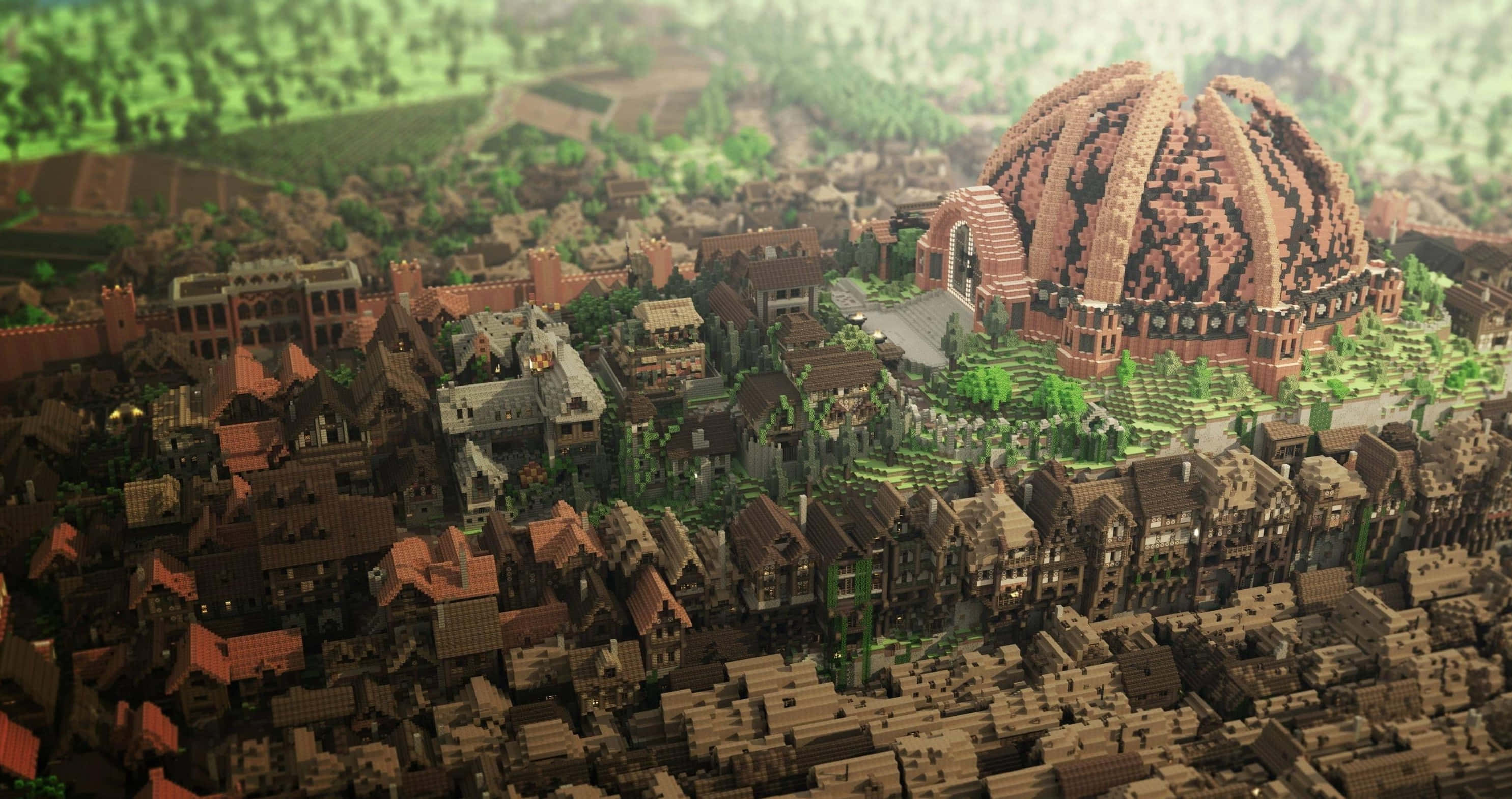 Minecraft Map 桌布 壁紙 — 廣闊Minecraft風格村莊的鳥瞰圖，大型圓頂建築座落於像素化房屋和綠植之間。