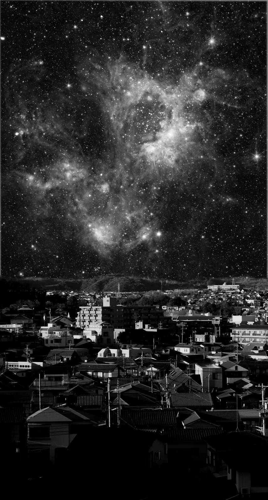 城市屋頂在星空下，帶有宇宙雲層。 — 復古美學 GIF 壁紙