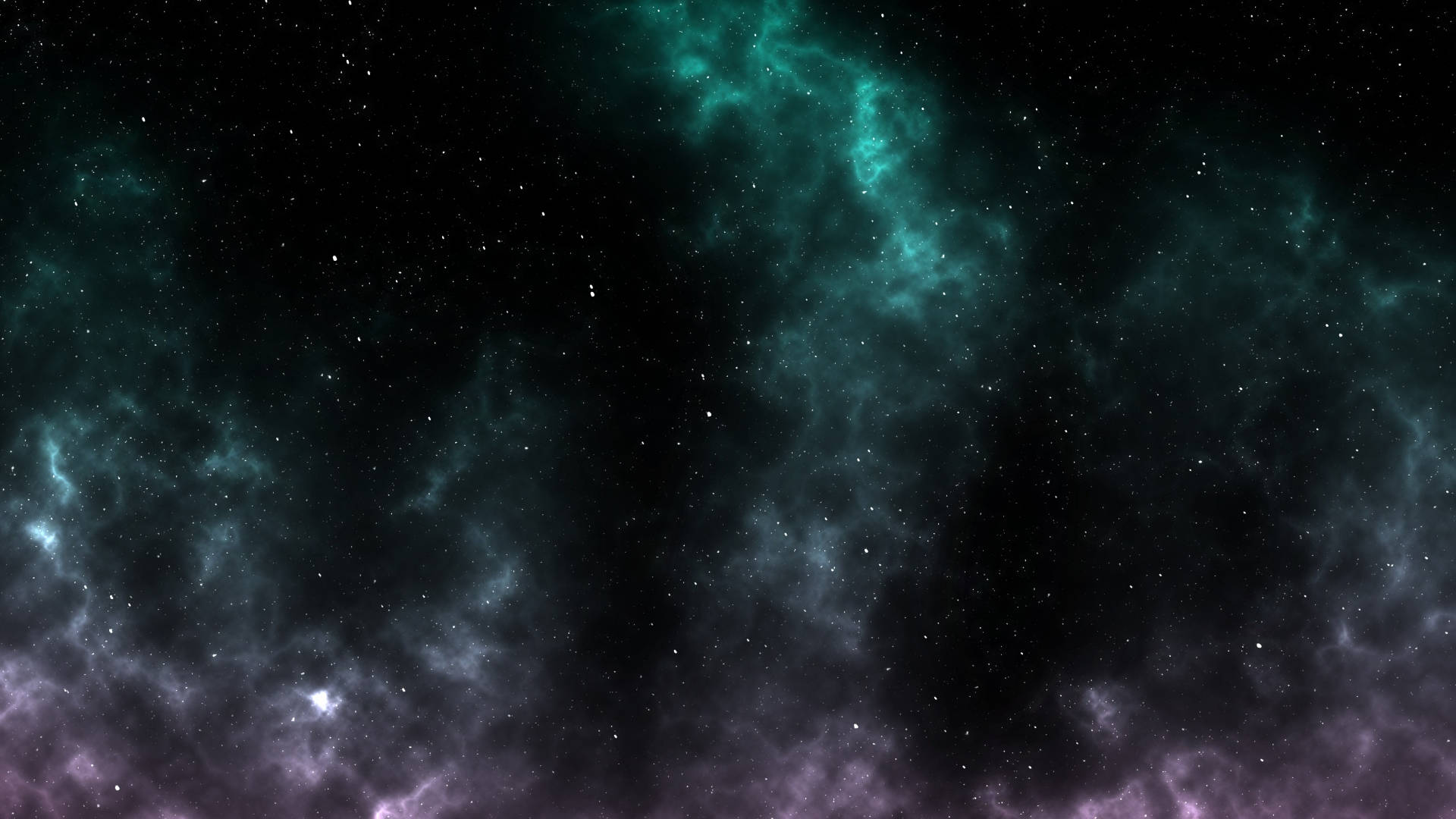 宇宙 桌布 壁紙 — 廣闊宇宙星雲，青綠色和紫色雲層在深空星場中旋轉。