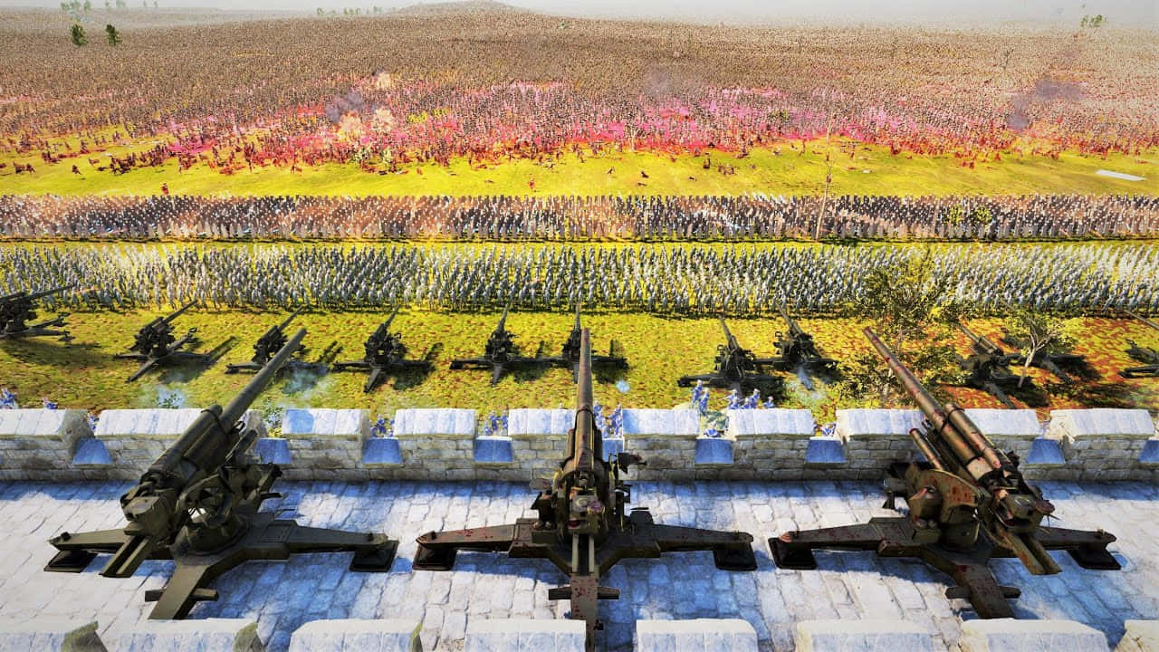 風景 桌布 壁紙 — 廣闊戰場的全景視圖，前景有炮兵陣線，遠方有色彩繽紛的軍隊交戰。