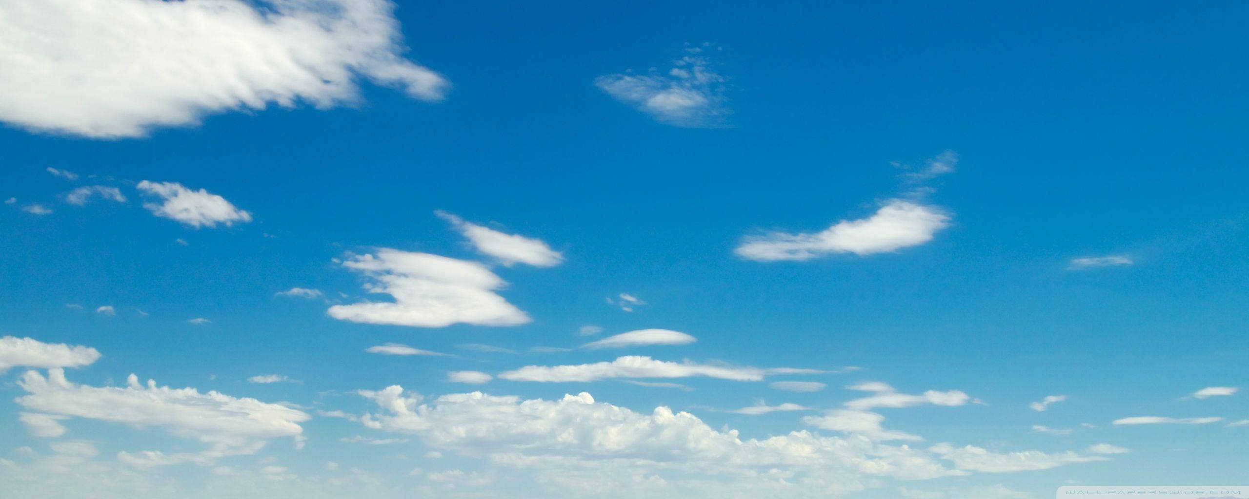 天空 桌布 壁紙 — 廣闊明亮的藍天，佈滿散落的蓬鬆白雲，在清晰日光下。
