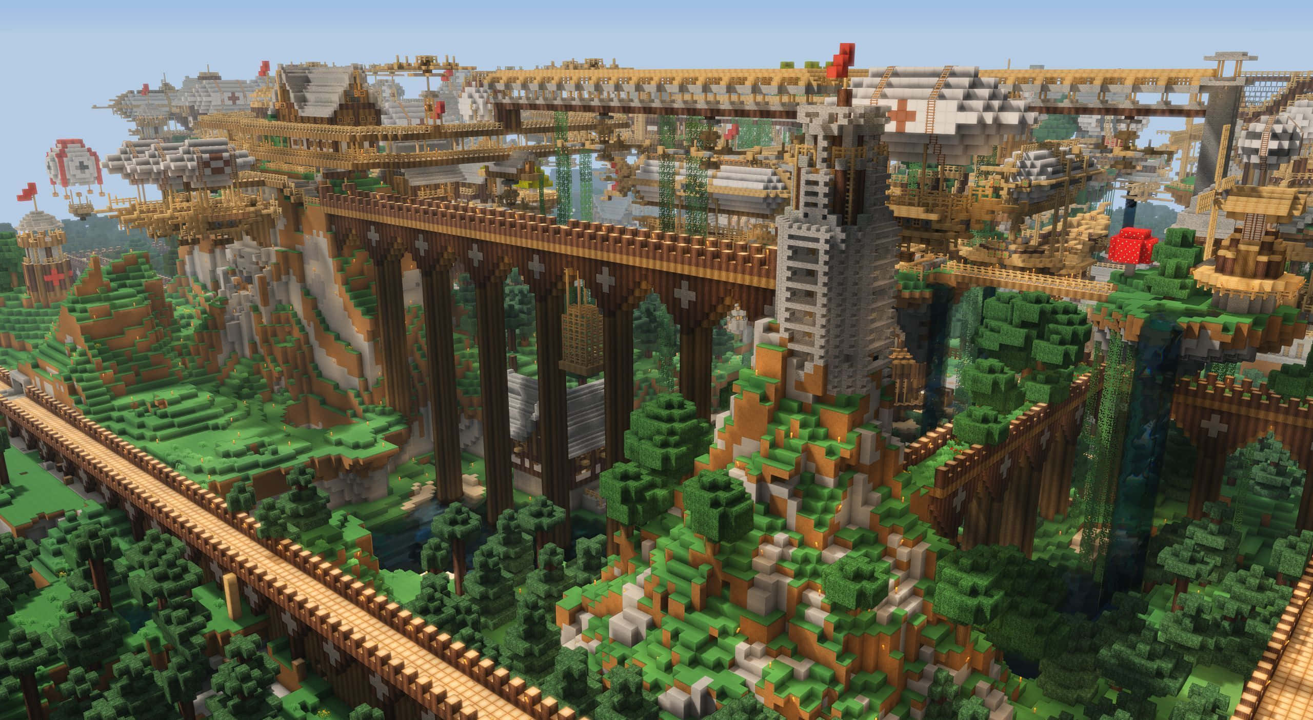 Minecraft City 桌布 壁紙 — 廣闊的Minecraft景觀，有高聳的木橋和漂浮結構，在茂密的綠色山谷和懸崖之上。