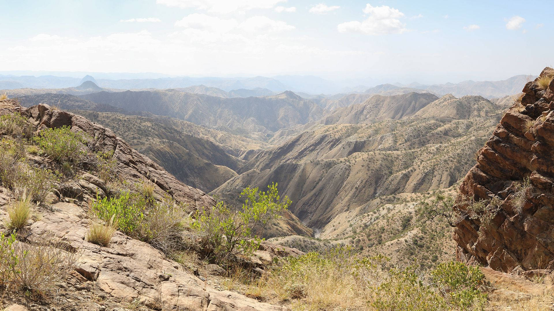Eritrea 桌布 壁紙 — 廣闊的乾旱峽谷在明亮的天空下延伸，有層狀岩層和稀疏的綠色灌木依附在崎嶇的斜坡上。