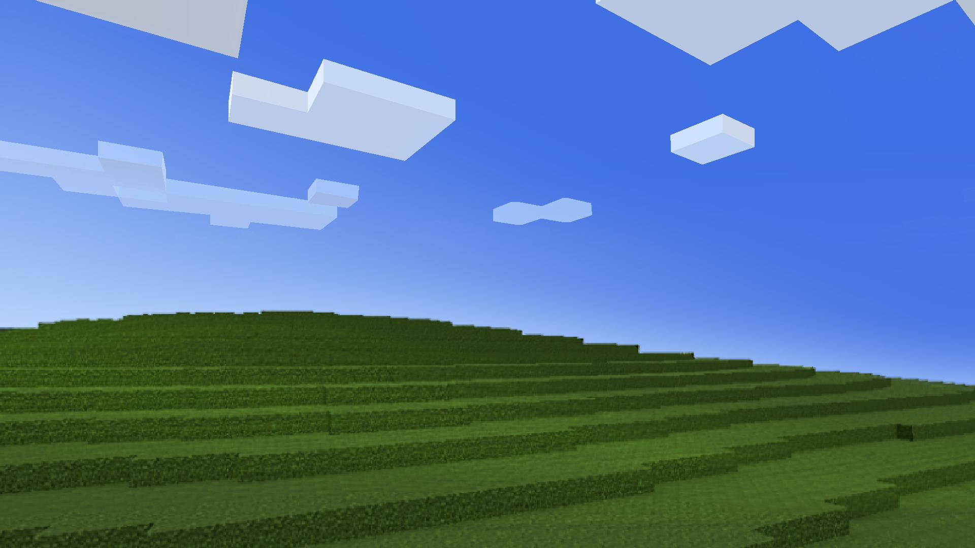 Xp 桌布 壁紙 — 廣闊的像素化綠色山丘在Minecraft景觀中延伸，天空湛藍，白雲塊狀。