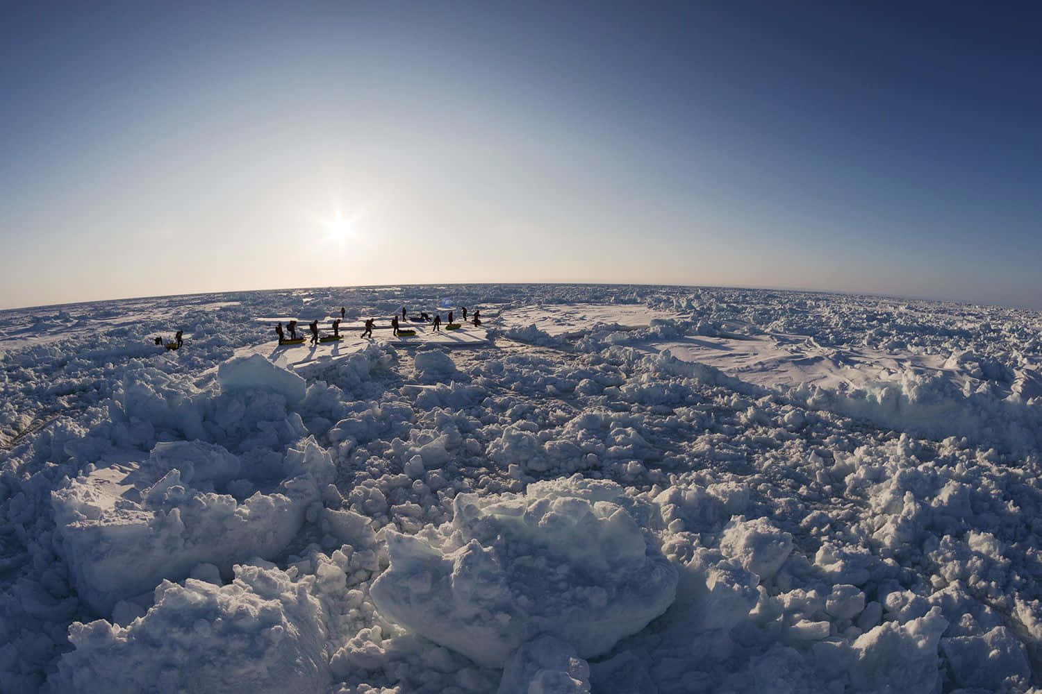 North Pole 桌布 壁紙 — 廣闊的冰凍苔原，在明亮的陽光下，人們和狗拉雪橇散落在冰天雪地中。