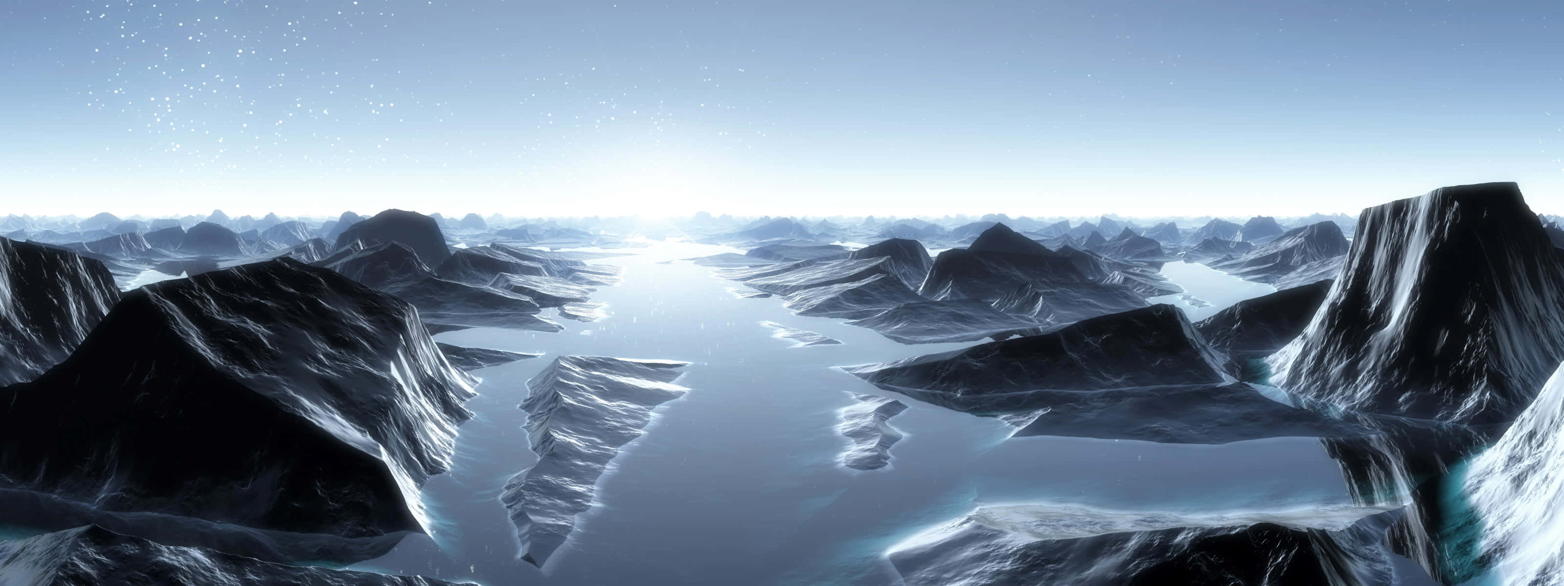 3d Landscape 桌布 壁紙 — 廣闊的冰天雪地，鋸齒狀的雪山倒映在冰封的海面上，天空繁星點點，暮色蒼茫。
