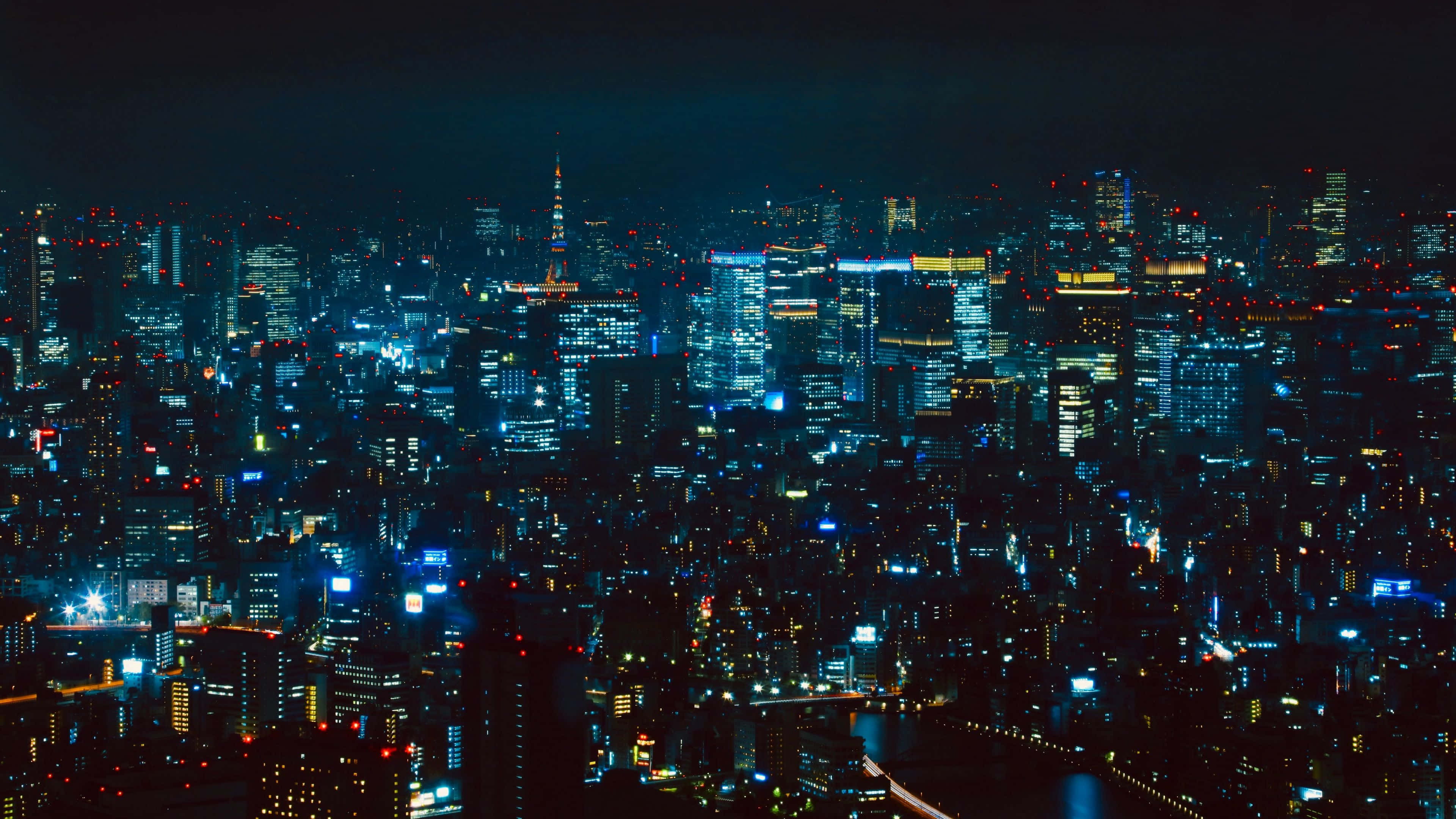 City Night 桌布 壁紙 — 廣闊的城市夜景，無數發光的窗戶和霓虹燈照亮了高聳的摩天大樓，映襯著黑暗的天空。
